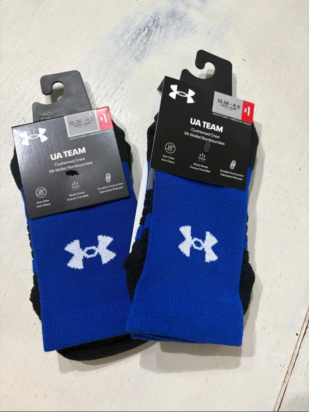 2 Pair NWT Under Armour UA Team Cushioned Crew Socks - Royal Blue & Black